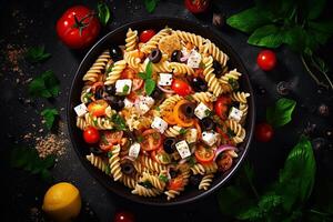 AI generated pasta salad with feta cheese, tomatoes and cucumbers photo