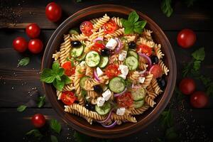 AI generated pasta salad with feta cheese, tomatoes and cucumbers photo