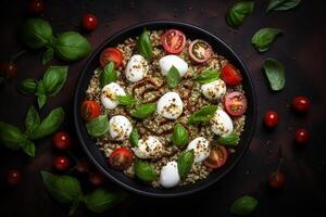 ai generado caprese ensalada con queso Mozzarella y quinua alto proteína ensalada foto