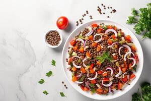 AI generated lentil and vegetable salad high protein salad recipes top view photo