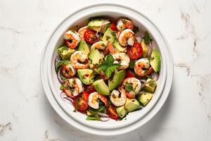 AI generated shrimp and avocado salad with lime dressing photo
