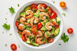 AI generated shrimp and avocado salad with lime dressing photo