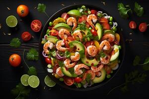 AI generated shrimp and avocado salad with lime dressing photo