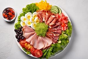 AI generated a plate with ham, tomatoes, onions and eggs photo