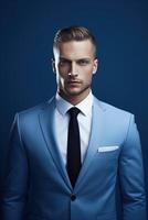AI generated a man in a suit and tie standing in front of a dark background photo