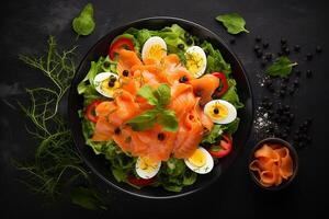 AI generated a plate of food with salmon, eggs, and vegetables photo