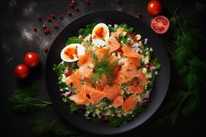 ai generado un plato de comida con salmón, huevos, y vegetales foto