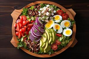 AI generated a plate with a salad with eggs, tomatoes, avocado and other vegetables photo
