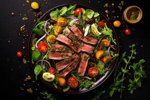 AI generated grilled steak with vegetables and salad on a black plate photo