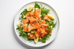 AI generated a plate of food with salmon, eggs, and vegetables photo