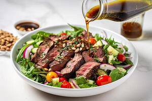 AI generated grilled steak with vegetables and salad on a black plate photo