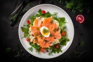 AI generated a plate of food with salmon, eggs, and vegetables photo