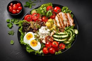 AI generated a plate with a salad with eggs, tomatoes, avocado and other vegetables photo