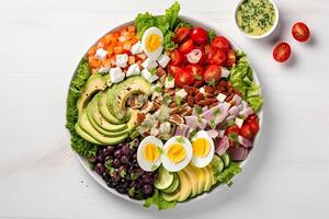 AI generated a plate with a salad with eggs, tomatoes, avocado and other vegetables photo