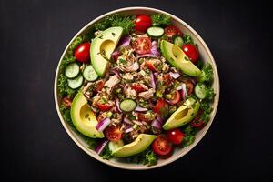 AI generated a bowl of salad with avocado, tomatoes, cucumbers and onions photo