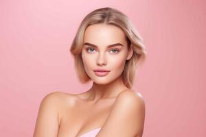 AI generated Beautiful face of young woman with perfect health skin, spa concept, pink background photo