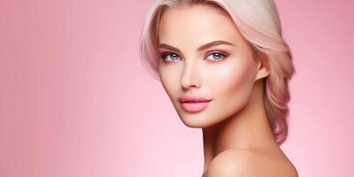 AI generated Beautiful face of young woman with perfect health skin, spa concept, pink background photo