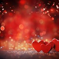 AI generated A vibrant red background with hearts and bokeh ideal for celebrating Valentine's Day photo