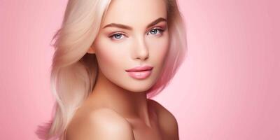 AI generated Beautiful face of young woman with perfect health skin, spa concept, pink background photo