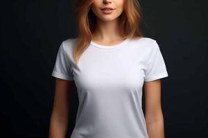 ai generado un hermosa joven mujer en un blanco camiseta foto