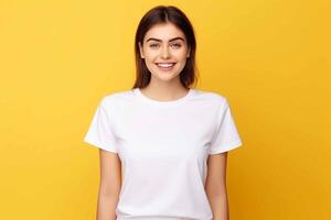 AI generated woman wearing white t-shirt mockup on yellow background photo
