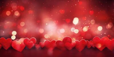 ai generado un vibrante rojo antecedentes con corazones y bokeh ideal para celebrando San Valentín día foto