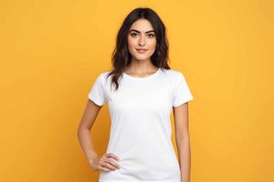 AI generated woman wearing white t-shirt mockup on yellow background photo