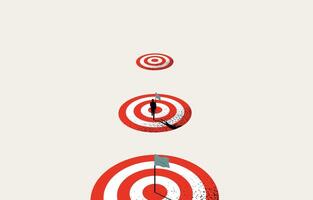 Business target achievement, success milestones concept, businessman running to flag on next target, vector illustration.