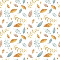 Vector seamless pattern of colorful leaves. White background, vector floral pattern.