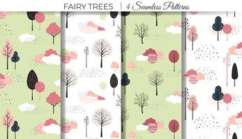 Spring trees vector pattern. Set of cute fantasy seamless patterns. Childish comic backgrounds.