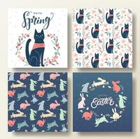 Set of Spring greeting cards and seamless pattern with cat and bunnies, spring template. Happy Easter frame vector