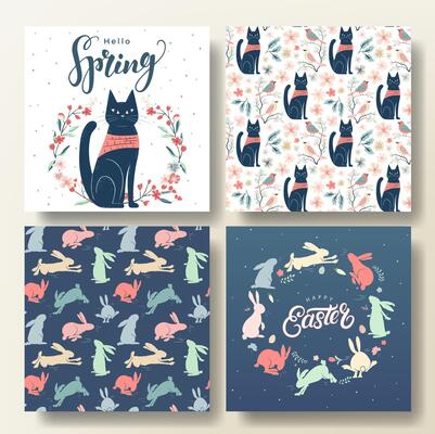 Set of Spring greeting cards and seamless pattern with cat and bunnies, spring template. Happy Easter frame