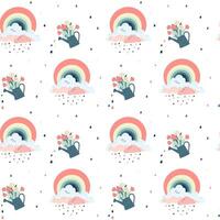 Seamless pattern with fantasy rainbows and watering can. Creative spring background, wallpaper. vector