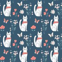 Vector seamless pattern with cats and flowers. Spring backgrounds in folk style. Spring wallpaper