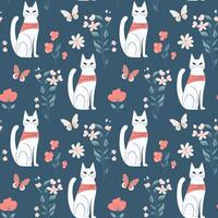 Vector seamless pattern with cats and flowers. Spring backgrounds in folk style. Spring wallpaper