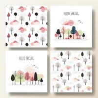 Set of spring cards and patterns with fairy trees. Spring trees minimalist style. Cartoon fantasy trees vector