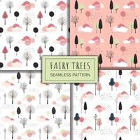 Set of cute fantasy seamless patterns. Spring trees vector pattern. Childish comic backgrounds.