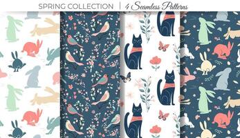 Spring seamless patterns. Set of spring background with bunny, watering can and cat. Easter ornament vector