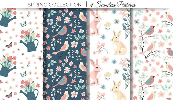 Set of spring background with bunny, watering can and birds. Spring seamless patterns. Easter ornament