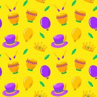 Mardi gras vector seamless pattern. Carnival pattern with hat, ballon and drum