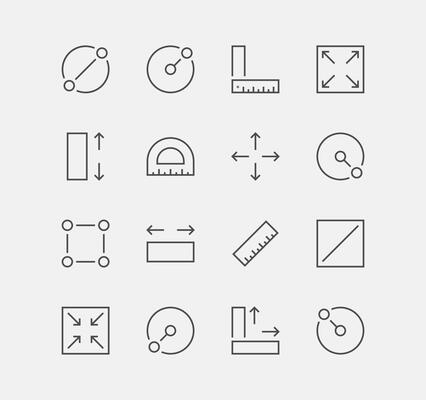 Set of measure related icons, resize, radius, depth, area, diameter and linear variety vectors.