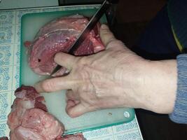 Cutting fresh the raw meat photo