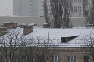 Roofs and chimneys covered with snow in winter photo