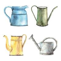 Set of watercolor garden watering cans in different colors. Blank items hand drawn on isolated background for greeting cards, invitations, happy holidays, posters, decor vector