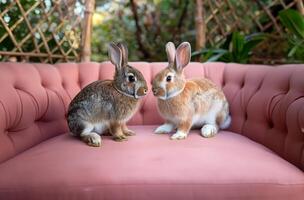 ai generado Pascua de Resurrección conejitos relajante en un rosado sofá foto