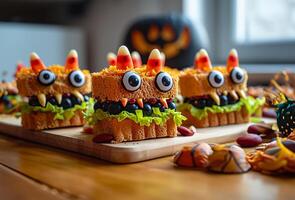 AI generated Cute Monster Sandwiches for Halloween Party photo