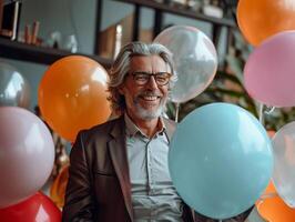 AI generated Joyful Senior Man in Elegant Attire with Balloons at Nerds Party photo