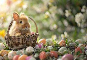 AI generated Baby Rabbit in Basket with Eggs in Spring Landscape photo