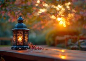 AI generated Ramadan Reflections, Lantern on Wooden Table with Beautiful Backdrop photo