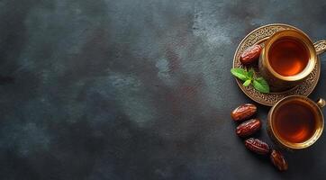 AI generated Ramadan Tea and Dates on Dark Background photo